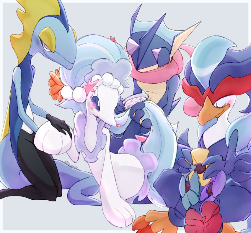 ambiguous_gender anthro blue_body blush eyes_closed feathers generation_6_pokemon generation_7_pokemon generation_8_pokemon generation_9_pokemon greninja group hi_res inteleon itz_smi73 nintendo pokemon pokemon_(species) primarina quaquaval scalie simple_background smile white_body