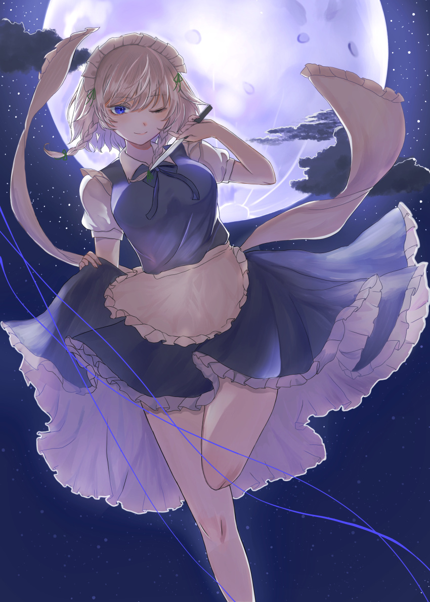 absurdres apron back_bow bare_legs blue_dress blue_eyes blue_string bow braid check_commentary cloud commentary commentary_request curtsey dress frilled_bow frills full_moon green_bow grey_hair hair_bow highres holding holding_knife izayoi_sakuya knife kuru_(kurukuru_koubou) leg_up maid maid_apron maid_headdress moon night one_eye_closed puffy_short_sleeves puffy_sleeves short_hair short_sleeves smile star_(sky) touhou twin_braids waist_apron white_apron