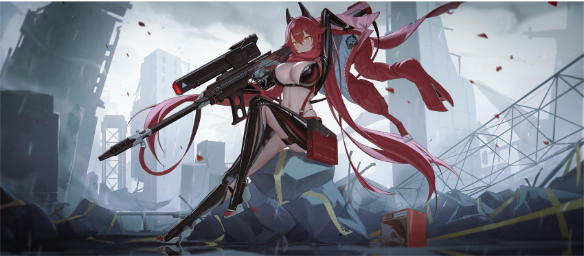 1girl absurdres ahoge arm_up black_c black_footwear black_gloves black_jacket black_pants boots breasts building cleavage cloud cloudy_sky commentary cropped_jacket fingerless_gloves full_body gloves goddess_of_victory:_nikke gun hair_between_eyes highres hip_vent holding holding_clothes holding_gun holding_jacket holding_weapon horns jacket large_breasts leather leather_jacket leather_pants long_hair long_sleeves looking_at_viewer mechanical_horns mole mole_under_eye navel outdoors pants parted_lips pillar red_hair red_hood_(nikke) red_jacket red_scarf rifle rubble ruins scarf sidelocks sitting sky sniper_rifle solo stomach suspenders unworn_jacket unzipped very_long_hair weapon yellow_eyes