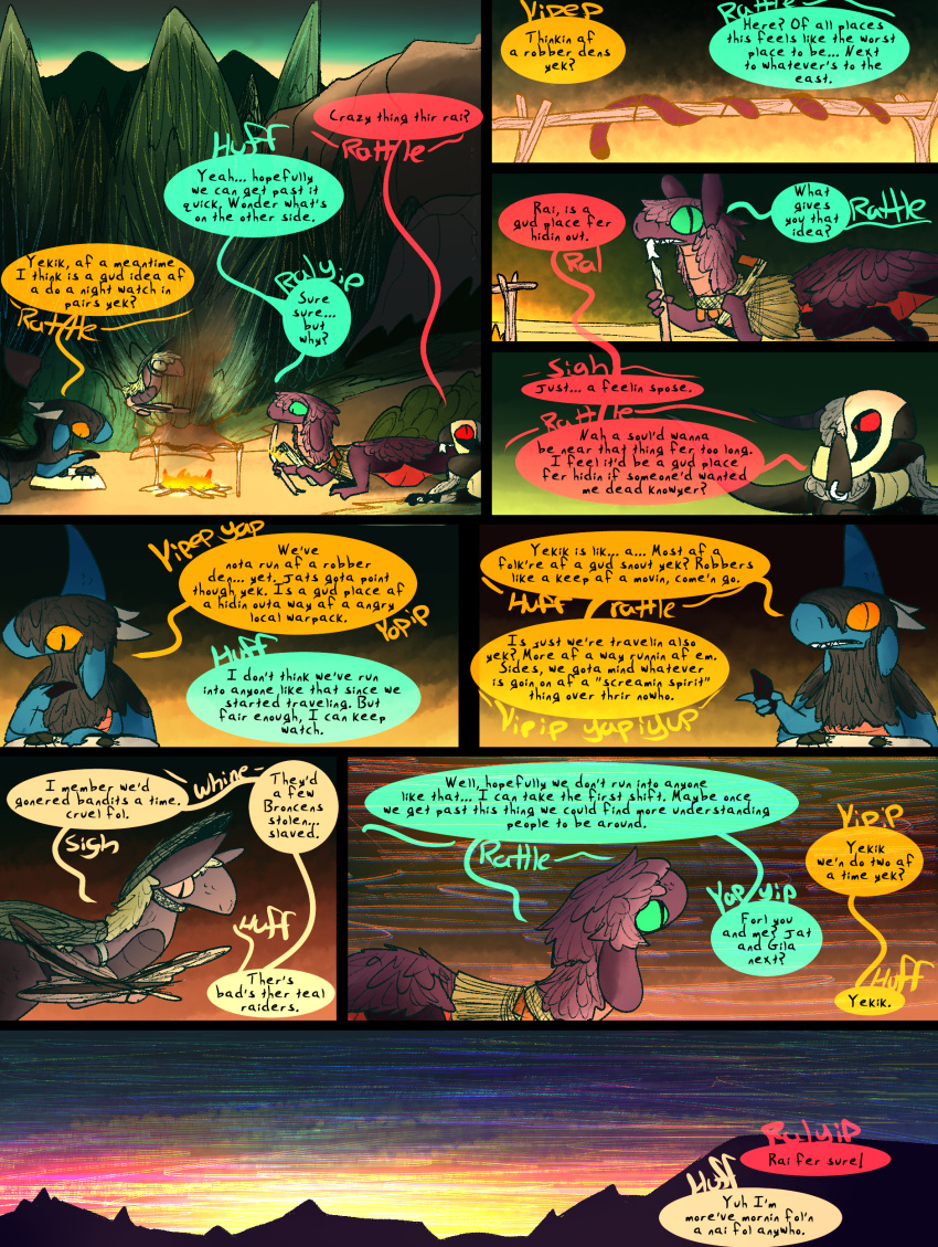 absurd_res campfire comic cooking dialogue dinosaur dragon dragonscape drekir dromaeosaurid fantasy female feral forest forl_(thepatchedragon) gila_(thepatchedragon) group hi_res hiker_(thepatchedragon) jat_(thepatchedragon) male plant post-apocalyptic reptile scalie sunset text thepatchedragon theropod tree