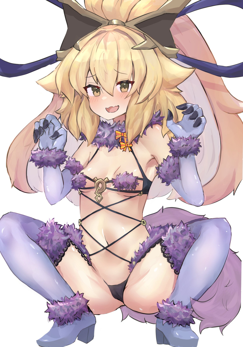 1girl absurdres blonde_hair blush breasts cameltoe cleavage elbow_gloves embarrassed fate/grand_order fate_(series) gloves highres long_hair looking_at_viewer mash_kyrielight mash_kyrielight_(dangerous_beast) navel open_mouth purple_thighhighs shadowverse sidelocks simple_background small_breasts smile sofina_(shadowverse) solo thighhighs toracake04 white_background yellow_eyes