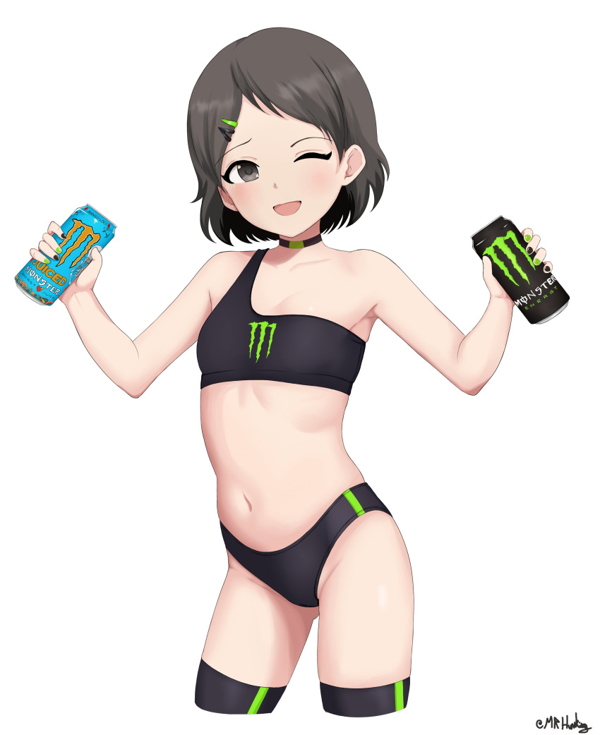 1girl absurdres armpits black_choker black_eyes black_hair black_panties black_shirt black_thighhighs breasts can choker commentary cowboy_shot crop_top groin hair_ornament hairclip hands_up highres holding holding_can idolmaster idolmaster_cinderella_girls light_blush looking_at_viewer monster_energy mrhunking nail_polish navel one_eye_closed open_mouth panties print_shirt sasaki_chie shirt short_hair small_breasts smile solo stomach thighhighs thighs underwear