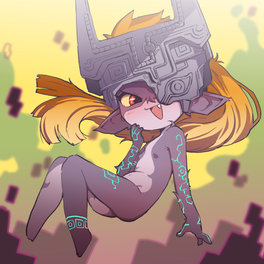 1girl ass bare_shoulders blonde_hair blunt_ends blurry breasts colored_sclera colored_skin commentary depth_of_field dusk english_commentary fang floating grey_skin hand_to_own_face helmet highres light_blush long_hair looking_at_viewer midna multicolored_skin navel neon_trim no_nose one_eye_covered open_mouth orenji_(wholesomeorenji) pointy_ears ponytail red_eyes small_breasts smile solo straight_hair the_legend_of_zelda the_legend_of_zelda:_twilight_princess two-tone_skin very_long_hair yellow_sclera