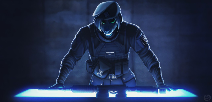 ambiguous_gender anthro beret canid canine clothed clothing colored deedrake furniture green_eyes grin gun hair hat headgear headwear inside mammal military military_uniform rainbow_six:_siege ranged_weapon rifle smile solo table teeth uniform weapon