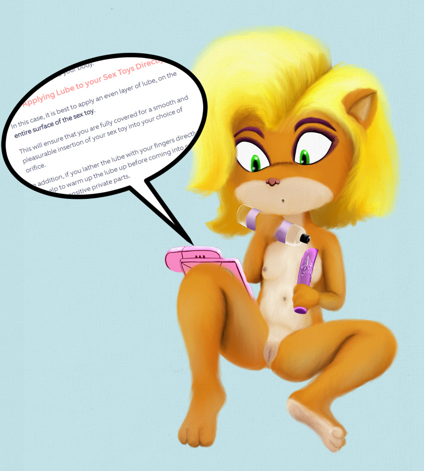 activision anthro anus bandicoot blonde_hair breasts coco_bandicoot crash_bandicoot_(series) dildo female fur genitals green_eyes hair hi_res imminent_masturbation inexperienced lettherebecolor lube mammal marsupial masturbation nipples nude pussy reading research sex_toy sexual_exploration simple_background small_breasts solo spread_knees spread_legs spreading tablet tablet_computer teenager text vibrator web_browser website young youth