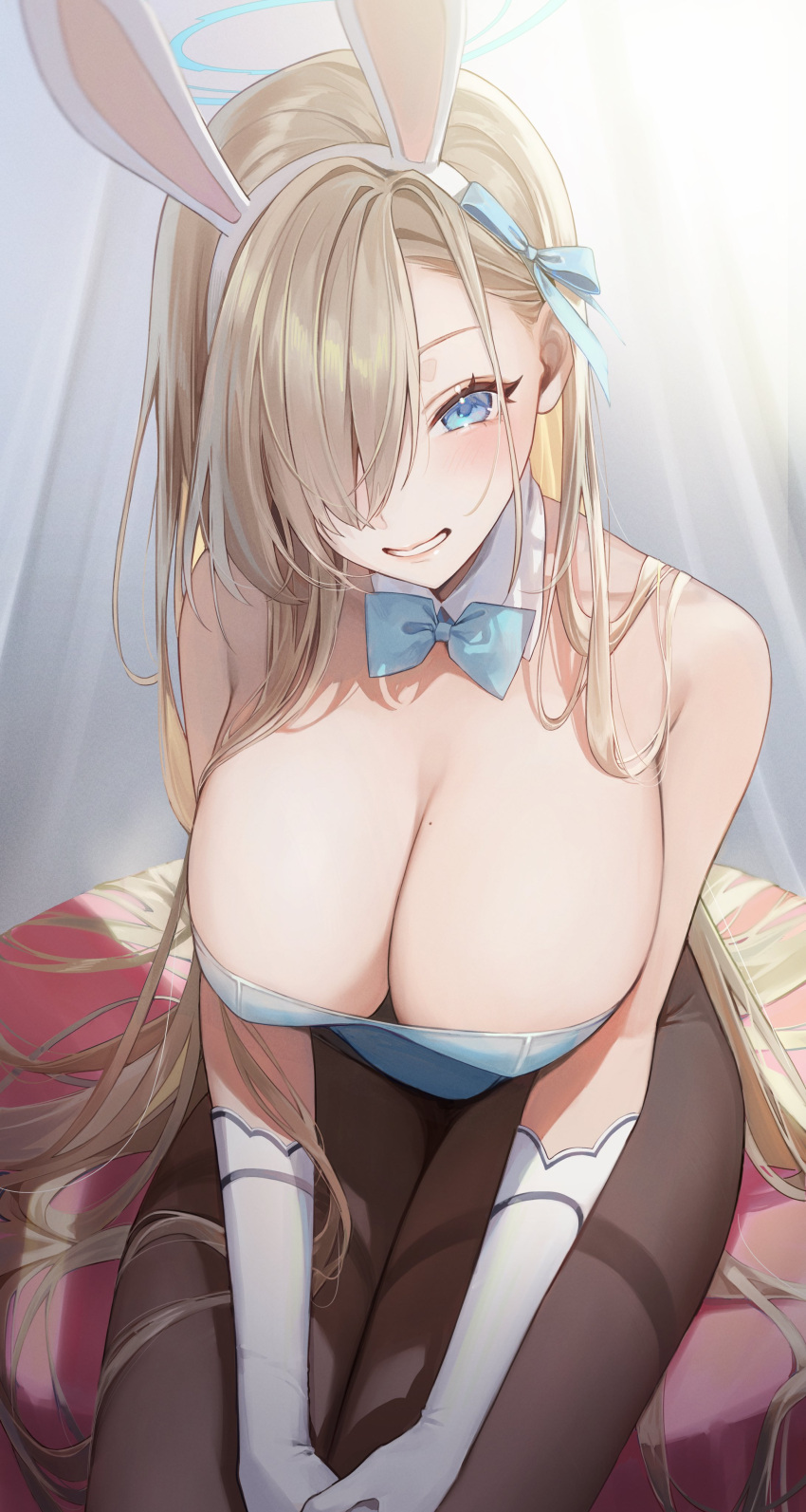 1girl absurdres animal_ears asuna_(blue_archive) asuna_(bunny)_(blue_archive) blue_archive blue_eyes blue_leotard bow bowtie breasts cleavage detached_collar fake_animal_ears gloves hair_over_one_eye highres huge_breasts leotard long_hair looking_at_viewer magako mole mole_on_breast official_alternate_costume pantyhose playboy_bunny rabbit_ears smile solo thighband_pantyhose white_gloves