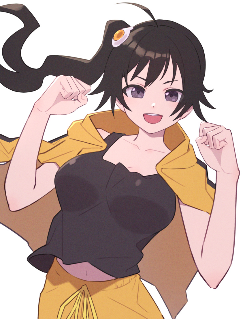 1girl ahoge araragi_karen bakemonogatari black_eyes black_tank_top breasts brown_hair choppy_bangs clenched_hands collarbone egg_hair_ornament food-themed_hair_ornament hair_flaps hair_ornament hands_up highres jacket jacket_on_shoulders large_breasts looking_at_viewer midriff_peek monogatari_(series) navel open_mouth pants shimizu_tomoki side_ponytail simple_background smile solo tank_top teeth upper_body upper_teeth_only v-shaped_eyebrows white_background yellow_jacket yellow_pants