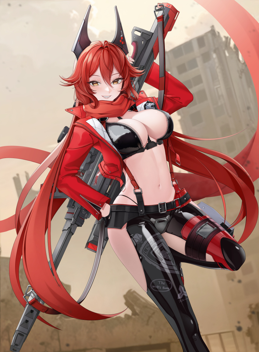 1girl absurdres ahoge akaisu belt black_belt black_gloves black_jacket black_pants breasts cleavage commentary cropped_jacket crotch_plate fingerless_gloves gloves goddess_of_victory:_nikke grin gun hair_between_eyes hand_on_own_hip highres hip_vent holding holding_gun holding_weapon horns jacket large_breasts leather leather_jacket leather_pants long_hair long_sleeves looking_at_viewer mechanical_horns navel open_clothes open_jacket outdoors paid_reward_available pants red_hair red_hood_(nikke) red_jacket red_scarf rifle scarf sidelocks smile sniper_rifle solo standing standing_on_one_leg stomach suspenders teeth unzipped weapon yellow_eyes