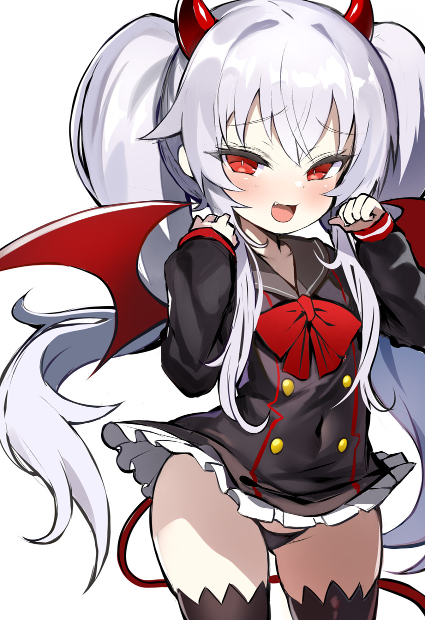 1girl black_panties black_sailor_collar black_shirt black_thighhighs blush bombergirl breasts buttons covered_navel demon_girl demon_horns double-breasted grim_aloe highres horns long_hair long_sleeves looking_at_viewer miniskirt open_mouth panties quiz_magic_academy_the_world_evolve red_eyes red_horns sailor_collar shimejinameko shirt sidelocks skirt small_breasts smile solo thighhighs thighs twintails underwear very_long_hair white_hair white_skirt