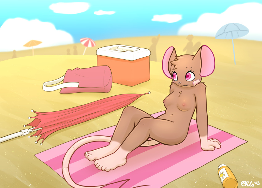 anthro beach breasts brown_body brown_fur female fur hi_res mammal milachu milachu92 mouse murid murine nude nude_beach pink_eyes public public_nudity rodent sand seaside solo solo_focus