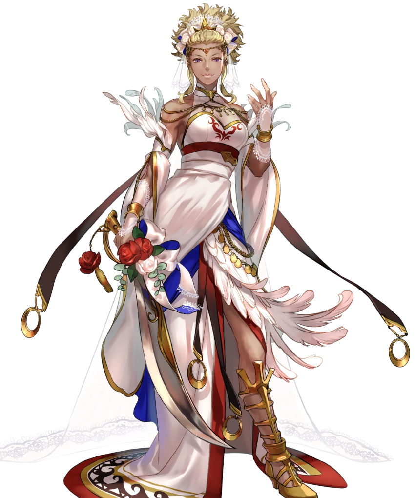 1girl blonde_hair breasts dark-skinned_female dark_skin dress feather_trim fire_emblem fire_emblem_awakening fire_emblem_heroes flavia_(fire_emblem) flower full_body gold_trim hair_ornament high_heels highres holding holding_weapon jewelry long_dress long_hair medium_breasts non-web_source official_art rose suzuki_rika sword tiara transparent_background weapon wedding_dress white_dress