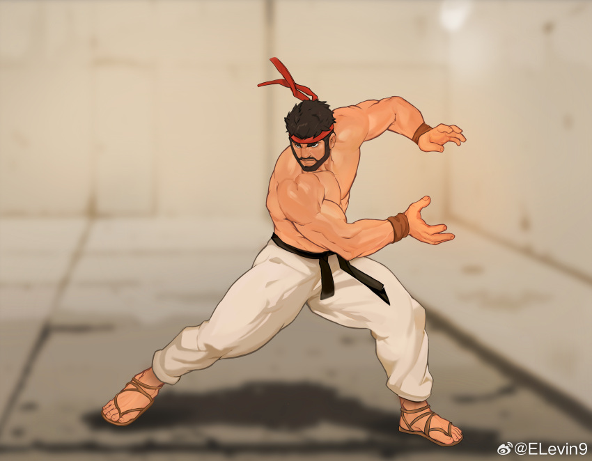 1boy absurdres bara beard black_hair elevin9 facial_hair facing_to_the_side fighting_stance full_body hadouken headband highres large_pectorals legs_apart male_focus mature_male muscular muscular_male nipples pectorals powering_up ryu_(street_fighter) sandals serious short_hair solo street_fighter street_fighter_6 thick_eyebrows thick_thighs thighs topless_male