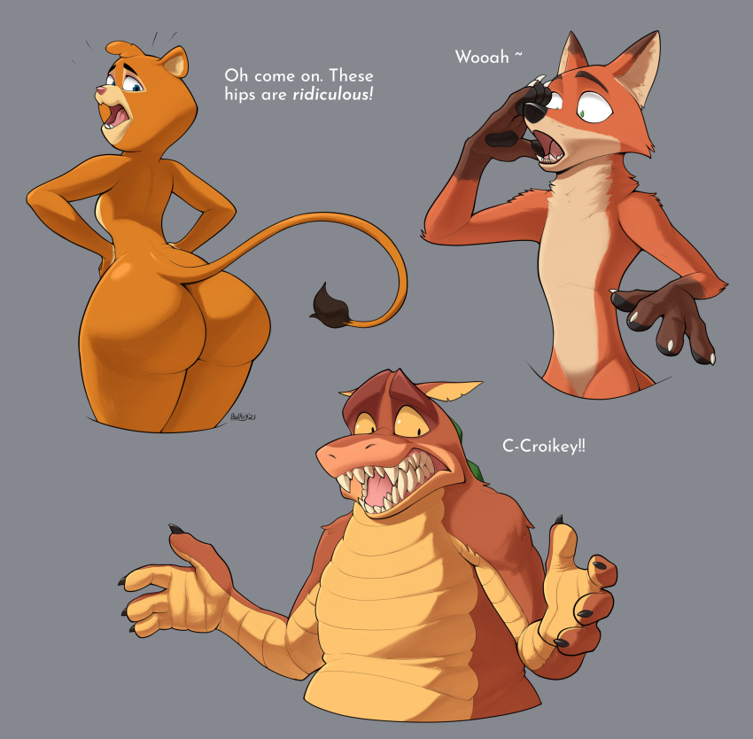 absurd_res activision after_transformation anthro badroy big_butt butt canid canine crash_bandicoot_(series) dingodile disney el_arca embarrassed felid female fox group hi_res huge_butt hyper hyper_butt kairel lion male mammal nick_wilde pantherine surprised_expression transformation trio zootopia