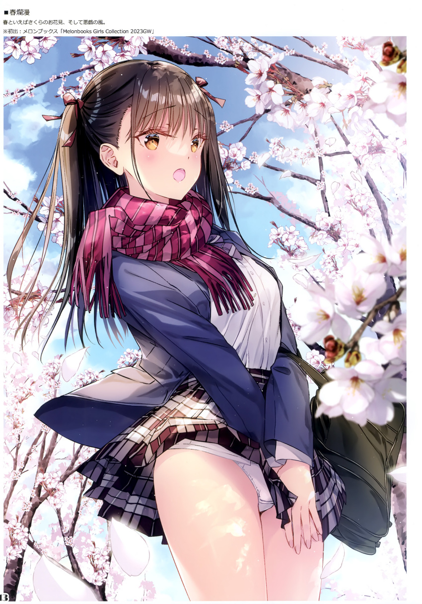 1girl absurdres bag blazer blue_sky blush bow branch breasts brown_eyes brown_hair buttons cherry_blossoms cloud cloudy_sky day hair_bow highres jacket kobayashi_chisato long_hair long_sleeves open_clothes open_mouth original outdoors panties pleated_skirt scan scarf school_bag school_uniform shirt simple_background skirt sky small_breasts solo twintails underwear white_panties white_shirt winter_clothes