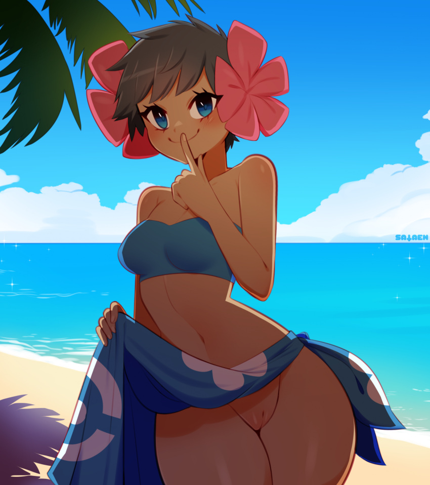 1girl artist_name beach blue_eyes blue_skirt blue_sky blue_tube_top blush brown_hair clothes_lift cloud dark-skinned_female dark_skin day finger_to_mouth flower hair_flower hair_ornament highres looking_at_viewer navel no_panties outdoors palm_tree phoebe_(pokemon) pink_flower pokemon pokemon_(game) pokemon_rse pussy sataen skirt skirt_lift sky solo strapless teasing tree tube_top upskirt water