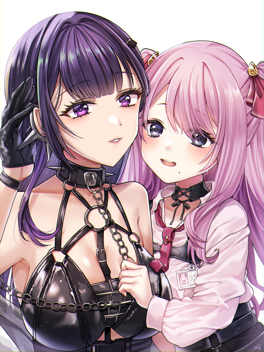 2girls :d absurdres bare_shoulders belt bikini black_belt black_bikini black_choker black_gloves blunt_bangs breasts chain chain_leash chest_harness choker cleavage coat collar collarbone collared_shirt commentary_request ear_piercing glint gloves goddess_of_victory:_nikke hair_between_eyes hair_ribbon hand_up harness high-waist_shorts highres holding holding_leash id_card large_breasts leash leather_bikini light_blush long_hair long_sleeves looking_at_viewer mihara_(nikke) mole mole_under_mouth multiple_girls necktie o-ring o-ring_top off_shoulder open_mouth parted_lips piercing pink_hair purple_eyes purple_hair red_necktie red_ribbon ribbon rokico shirt shirt_tucked_in short_necktie shorts sidelocks signature simple_background small_breasts smile spiked_collar spikes swept_bangs swimsuit teeth twintails upper_body upper_teeth_only white_background white_coat white_shirt yuni_(nikke)