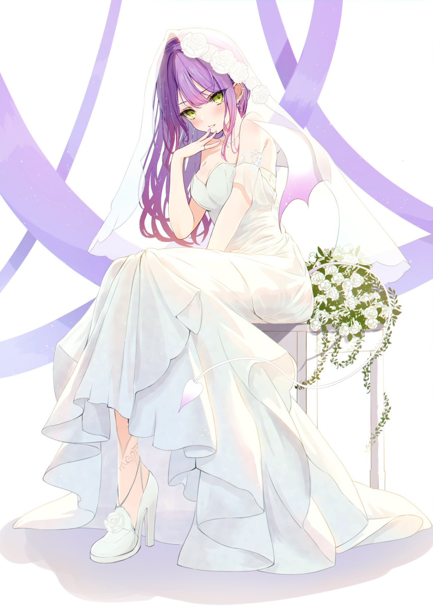 1girl alternate_costume bare_shoulders blush breasts bridal_veil cleavage commentary cross demon_girl demon_tail demon_wings dot_nose dress ear_chain earrings english_commentary fingernails flower full_body gradient_hair green_eyes hand_up high_heels highres hololive jewelry large_breasts long_dress long_hair looking_at_viewer multicolored_hair nail_polish necklace off-shoulder_dress off_shoulder parted_lips pink_hair pointy_ears purple_hair purple_nails ring rose sitting solo streaked_hair tail teeth tokoyami_towa totuoooo1015 veil virtual_youtuber wedding_dress white_dress white_flower white_footwear white_rose wings