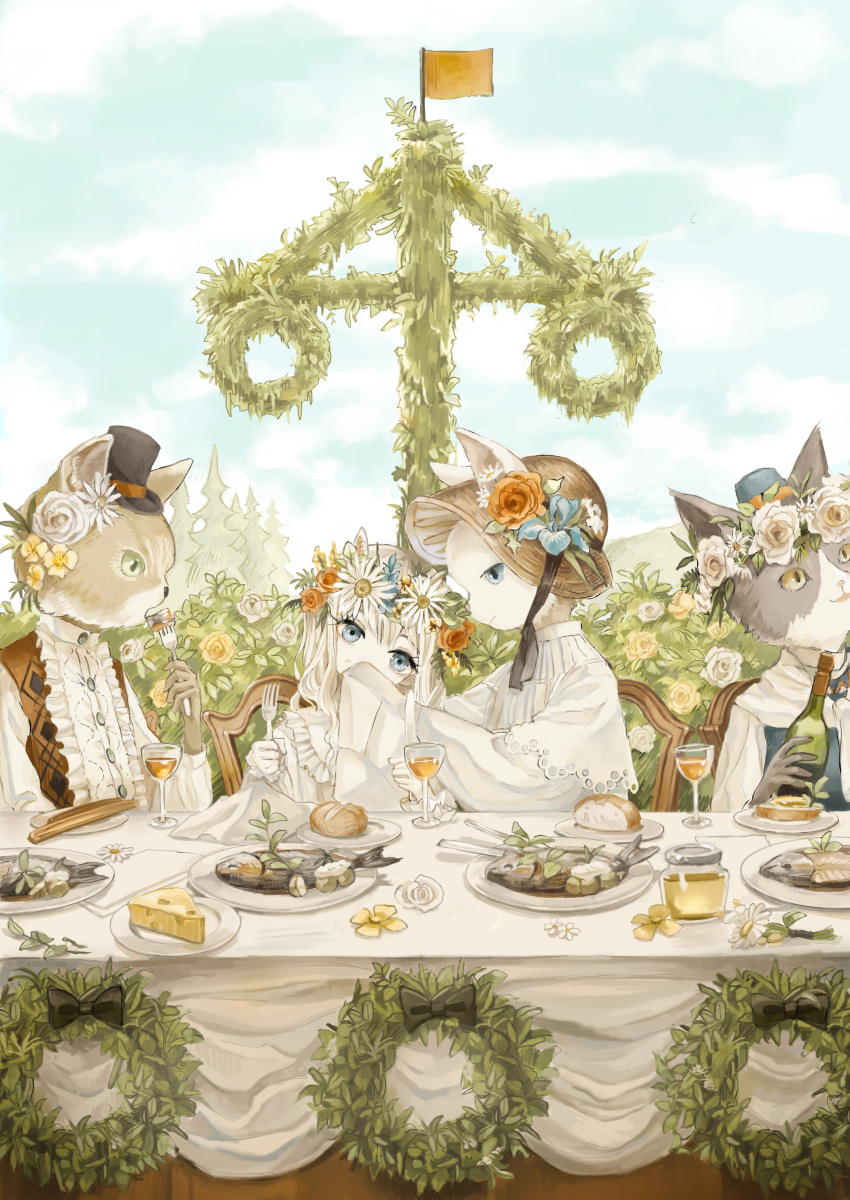 1girl 2boys 2girls absurdres azumikano black_bow black_headwear blonde_hair blue_eyes blue_flower book bottle bow bread bread_bun brown_vest cat chair cheese cup dress_shirt drinking_glass eyelashes fish flower flower_request food fork furry furry_female furry_male furry_with_non-furry green_eyes hair_flower hair_ornament hat head_wreath highres holding holding_book holding_fork interspecies long_sleeves maypole midsommar multiple_boys multiple_girls napkin olive orange_flower original plate rose shirt sun_hat table top_hat vest white_flower white_rose white_shirt wine_bottle wine_glass wiping_face wreath