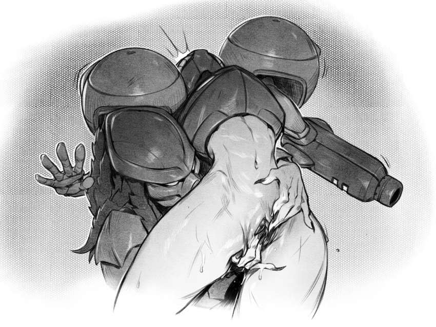 1boy 1girl arm_around_waist crossover fingering fingernails head_back helmet highres interspecies mask metroid monochrome navel predator predator_(movie) pussy raunchy_ninja samus_aran sharp_fingernails toned