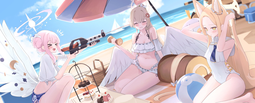 &gt;_&lt; +++ 3girls absurdres adjusting_hair alternate_costume alternate_hairstyle angel_wings anger_vein ball bare_legs bare_shoulders barefoot beach beach_towel beach_umbrella beachball bikini blonde_hair blue_archive blue_neckerchief blue_sky blurry blurry_background blush breasts bright_pupils cake chocolate_tart cleavage closed_eyes cupcake daran9 day denim denim_shorts feathered_wings firing flower flower_wreath food forehead frilled_bikini frills gradient_eyes hair_bun hair_flower hair_ornament hair_scrunchie halo highres long_hair medium_breasts mika_(blue_archive) multicolored_eyes multiple_girls nagisa_(blue_archive) neckerchief ocean one-piece_swimsuit open_mouth orange_eyes outdoors parted_bangs picnic_basket pink_hair ponytail sailor_collar sand scrunchie seia_(blue_archive) shirt short_shorts shorts single_side_bun sitting sky small_breasts smile squatting sunlight swimsuit swiss_roll tea tea_party tea_party_(blue_archive) tied_shirt tiered_tray towel umbrella very_long_hair wariza water_gun white_bikini white_one-piece_swimsuit white_pupils white_shirt white_wings wings yacht yellow_eyes yokozuwari