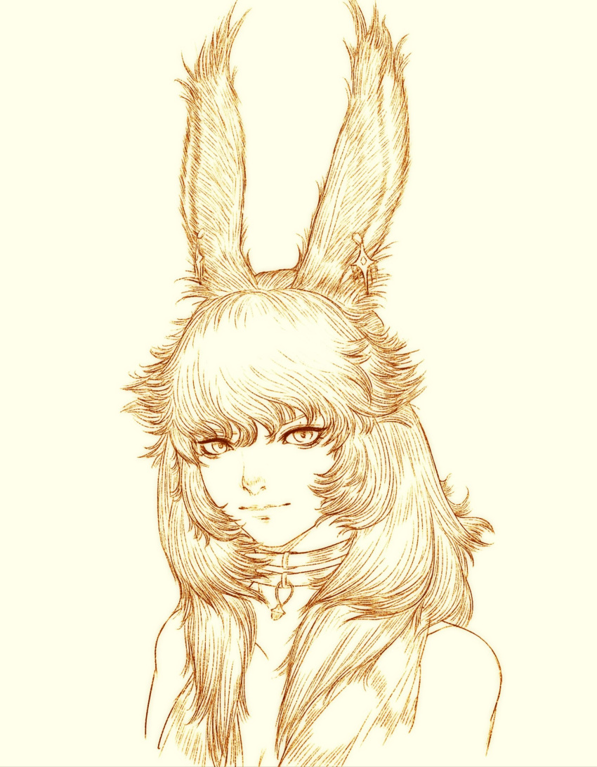1girl absurdres animal_ears closed_mouth earrings final_fantasy final_fantasy_xiv highres jewelry large_ears long_hair looking_at_viewer messy_hair monochrome original pendant portrait rabbit_ears simple_background smile solo viera warrior_of_light_(ff14) yellow_background yellow_theme yuzero