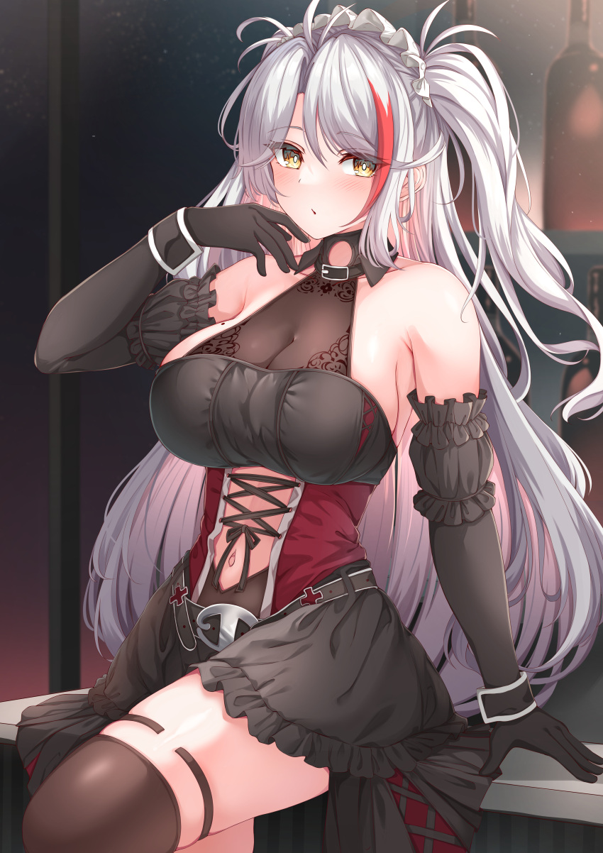 1girl absurdres arm_support azur_lane bare_shoulders black_dress black_gloves black_sleeves black_thighhighs breasts cleavage closed_mouth collarbone commission detached_sleeves dress elbow_gloves frilled_dress frills gloves highres large_breasts long_hair looking_at_viewer moyoron multicolored_hair official_alternate_costume one_side_up parted_bangs prinz_eugen_(azur_lane) prinz_eugen_(kindred_evening_spirits)_(azur_lane) puffy_short_sleeves puffy_sleeves red_hair short_sleeves skeb_commission sleeveless sleeveless_dress solo streaked_hair thighhighs very_long_hair white_hair yellow_eyes
