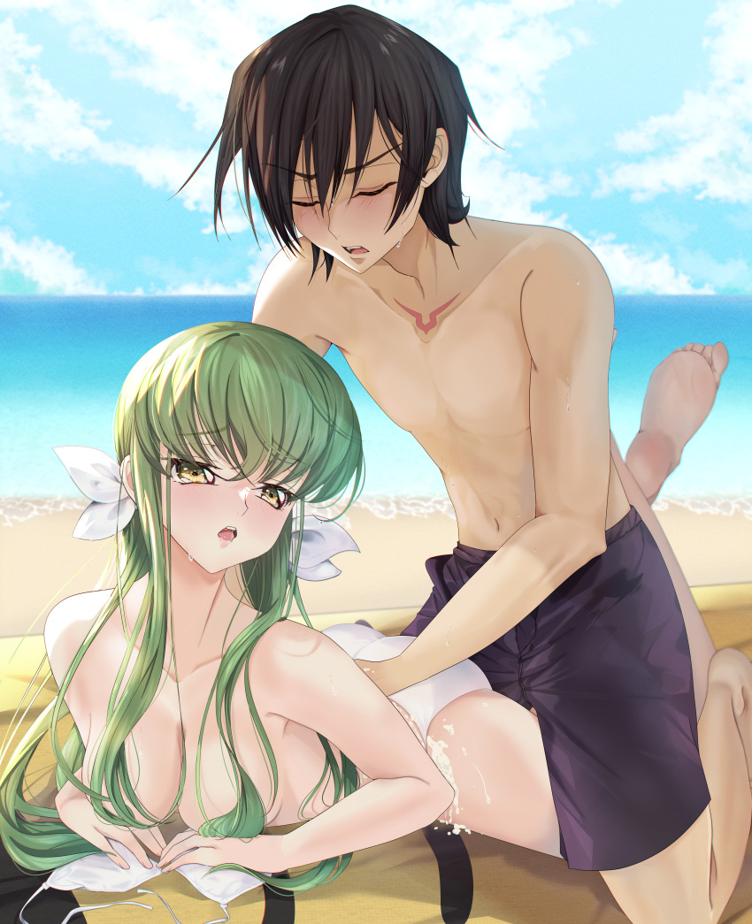 1boy 1girl absurdres applying_sunscreen arm_support ass bare_arms bare_shoulders barefoot beach bikini bikini_top_removed black_hair blue_sky blush boy_on_top breasts budgiepon c.c. chest_tattoo closed_eyes cloud code_geass collarbone commentary commentary_request couple crossed_bangs crossed_legs day drooling embarrassed eyelashes eyes_visible_through_hair feet foot_up furrowed_brow green_hair hair_between_eyes hair_censor hair_over_breasts hair_ribbon hair_spread_out head_tilt hetero highres kneeling lelouch_vi_britannia lips long_hair lying medium_breasts mouth_drool ocean on_stomach open_mouth outdoors ribbon sexually_suggestive short_hair sidelocks sky soles sweat sweatdrop swimsuit tattoo teeth the_pose toes topless topless_male upper_teeth_only v-shaped_eyebrows very_long_hair white_bikini white_ribbon yellow_eyes