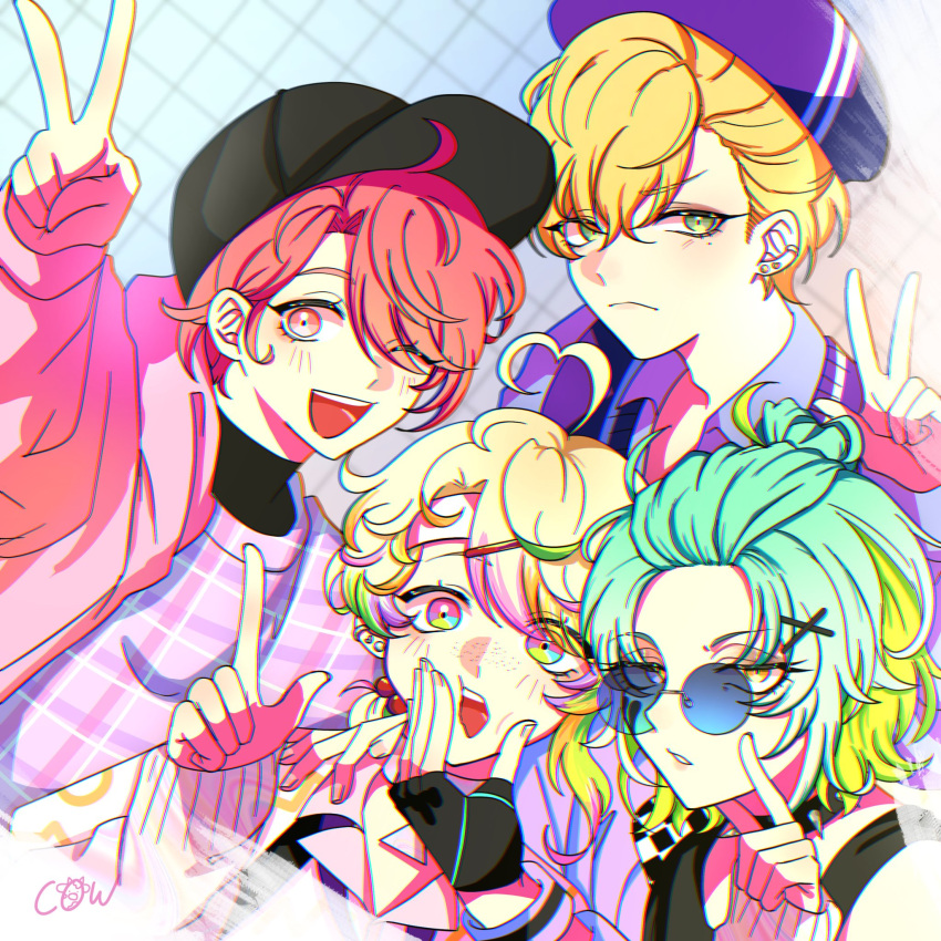 4boys ahoge aqua_hair blonde_hair blue_background blue_eyes blush green_eyes green_hair grey_background highres male_focus maruyama_reo mikoshiba_kenta misuji_kantaro mole mole_under_eye multicolored_background multicolored_eyes multicolored_hair multiple_boys one_eye_closed orange_tea paradox_live pink_eyes pink_hair purple_eyes purple_hair red_hair short_hair signature yellow_eyes yeon_dongha