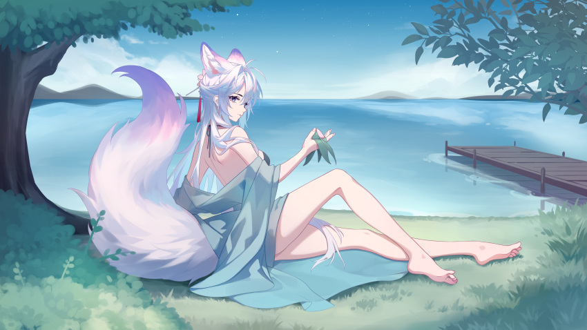 1girl absurdres animal_ears antenna_hair bare_back barefoot bikini black_bikini blue_sky breasts dock extra_ears feet fluffy fox_ears fox_girl fox_tail grey_hair hair_ornament hairpin highres holding kirby_d_a knee_up lake large_tail legs long_legs looking_at_viewer medium_breasts original outdoors purple_eyes sideways_glance sky solo star_(sky) starry_sky swimsuit tail toes tree water