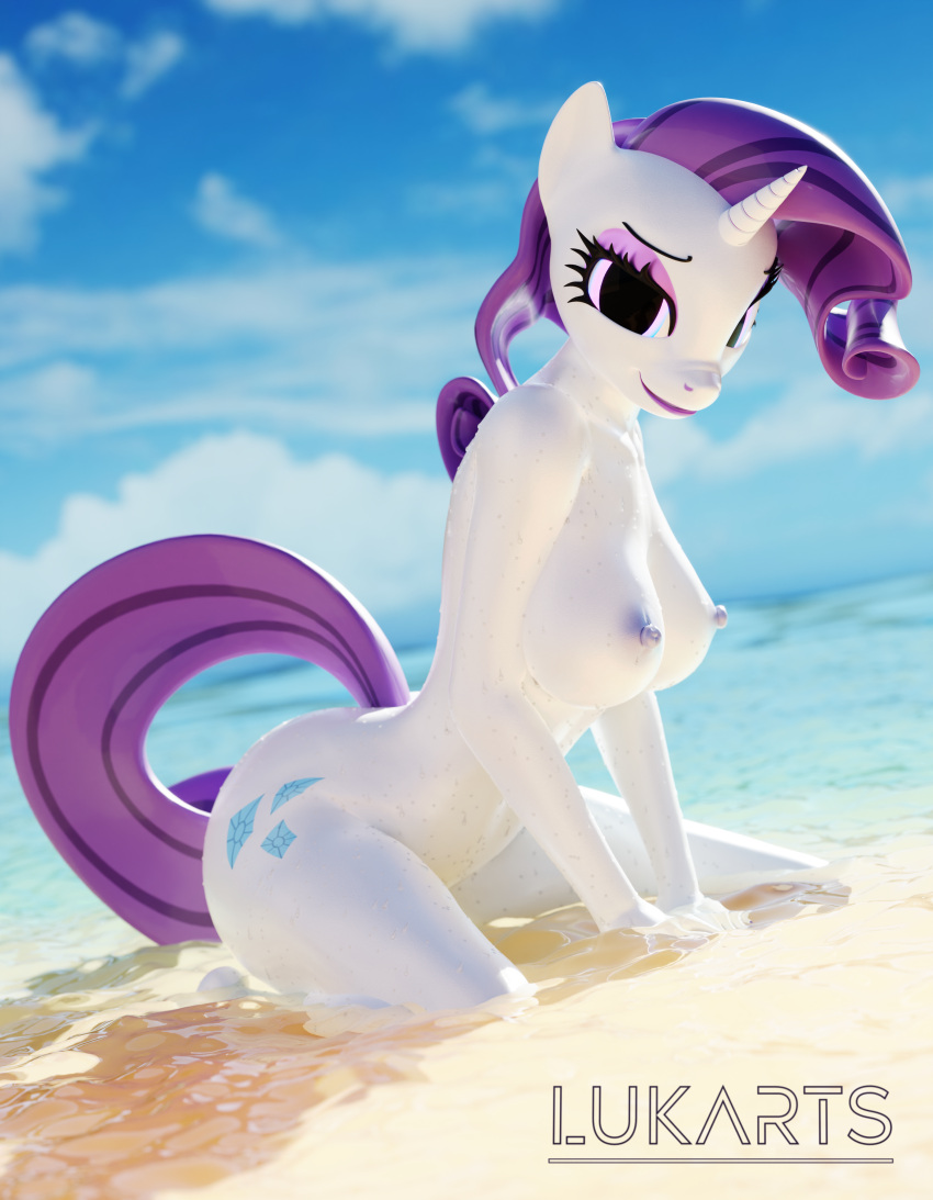 3d_(artwork) absurd_res anthro anthrofied areola beach blender_(software) breasts cutie_mark day digital_media_(artwork) equid equine eyelashes eyeshadow female friendship_is_magic hair hasbro hi_res horn lukarts22 makeup mammal my_little_pony nipples nude purple_hair purple_tail rarity_(mlp) seaside sky smile solo tail unicorn water wet wet_body white_body