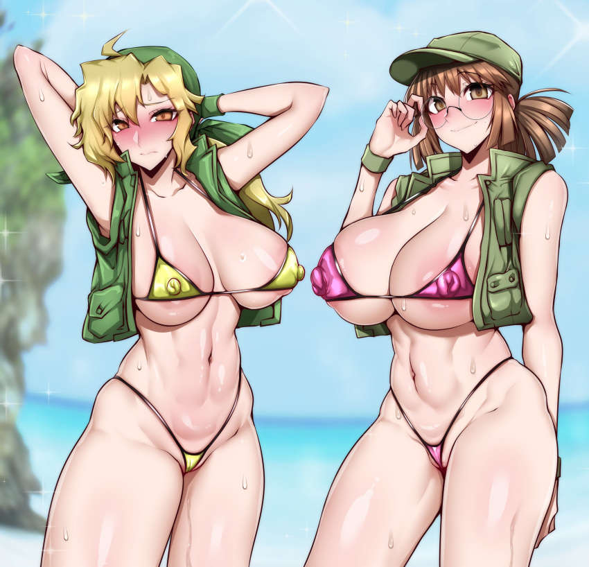 absurdres areola_slip bandana baseball_cap bikini blonde_hair blush breasts brown_eyes brown_hair cleavage covered_nipples fio_germi gggg glasses green_bandana hat highres kasamoto_eri large_areolae large_breasts long_hair looking_at_viewer metal_slug midriff multiple_girls navel open_clothes open_vest ponytail round_eyewear shiny_skin smile snk sweat swimsuit vest