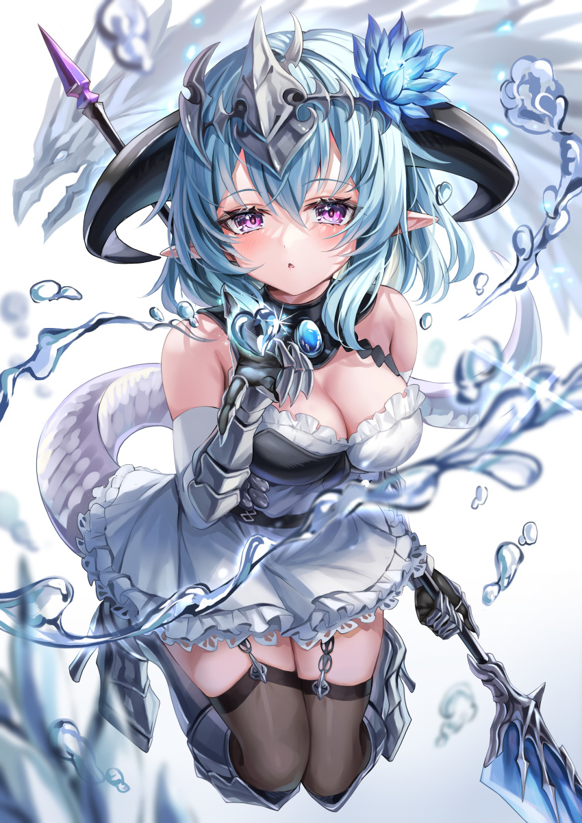 1girl absurdres akami770 aqua_hair bare_shoulders black_thighhighs blue_flower blush breasts cleavage crystal_tail curled_horns dragon_girl dragon_horns dragon_tail flower gauntlets hair_flower hair_ornament headpiece highres holding holding_weapon horns large_breasts looking_at_viewer parted_lips pointy_ears purple_eyes shadowverse solo tail thighhighs water weapon whitefrost_dragonewt_filene