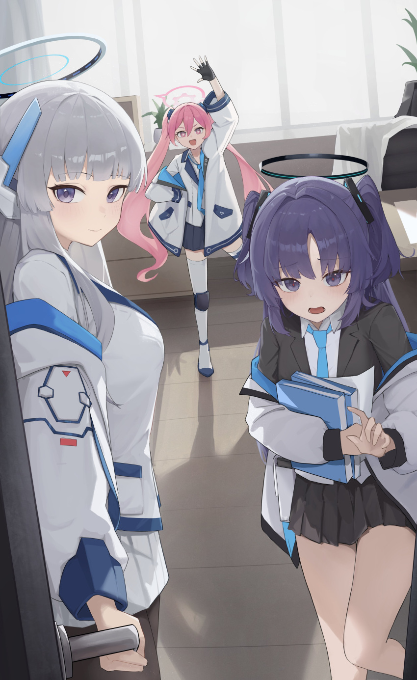 3girls absurdres arm_up black_coat black_halo black_skirt blue_archive blue_eyes blue_hair blue_necktie blunt_bangs book coat collared_shirt commentary_request gmi_(jimmyovob) grey_hair hair_between_eyes hair_intakes halo headgear highres holding holding_book indoors jacket knee_pads koyuki_(blue_archive) lapels long_hair long_sleeves mechanical_halo multiple_girls necktie noa_(blue_archive) off_shoulder open_mouth parted_bangs pink_halo pleated_skirt purple_eyes seminar_(blue_archive) shirt skirt thighhighs triangle_hair_ornament twintails two_side_up very_long_hair waving white_coat white_halo white_jacket white_shirt white_thighhighs yuuka_(blue_archive)