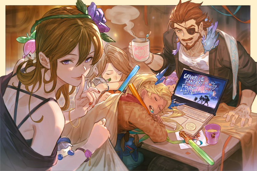 1boy 3girls bare_shoulders beard black_jacket blonde_hair bracelet brown_hair brown_jacket celeste_(granblue_fantasy) character_doll child closed_eyes colossus_(granblue_fantasy) computer cup dark-skinned_female dark_skin eugen_(granblue_fantasy) eyepatch facial_hair female_child finger_to_mouth flower granblue_fantasy hair_flower hair_ornament highres holding holding_cup io_(granblue_fantasy) jacket jewelry katalina_(granblue_fantasy) laptop long_hair looking_at_viewer luminiera_(granblue_fantasy) minaba_hideo multiple_girls mustache official_art one_eye_covered open_clothes open_jacket purple_eyes purple_flower purple_rose red_nails red_scarf ring rose rosetta_(granblue_fantasy) scarf shirt short_hair shushing sleeping smile stuffed_toy tiamat_(granblue_fantasy) twintails white_shirt yggdrasil_(granblue_fantasy)