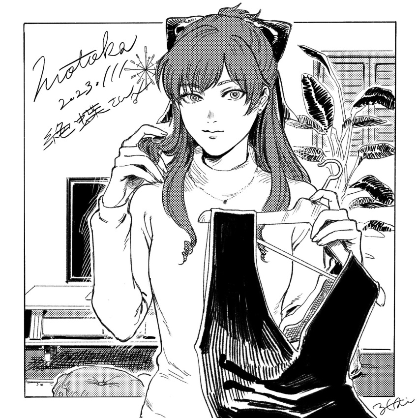 1girl 2023 akuyaku_reijou_ni_tensei_shitara_heroine_ga_motokare_datta bow breasts clothes_hanger commentary_request dated greyscale hair_bow highres jewelry monochrome necklace plant signature small_breasts solo table turtleneck uedain upper_body