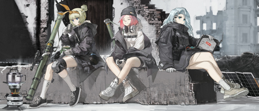 3girls absurdres beanie blonde_hair blue_hair closed_eyes computer countryman_(artist) girls'_frontline gloves hat headphones headphones_around_neck highres holding_laptop holding_rocket_launcher incredibly_absurdres jacket kettle knee_pads laptop long_hoodie mk_153_(girls'_frontline) multiple_girls pink_hair portable_stove rocket_launcher shoes smile sneakers socks tactical_clothes third-party_source weapon woollen_cap