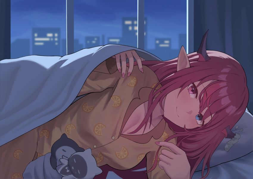 1girl bloom_(irys) blue_eyes blush breasts brown_pajamas cityscape cleavage gloom_(irys) heterochromia highres hololive hololive_english horns irys_(hololive) long_hair lying medium_breasts multicolored_hair nail_polish on_side orange_print pajamas pink_nails pointy_ears purple_eyes purple_hair red_hair shift_(shiftillust) smile two-tone_hair virtual_youtuber