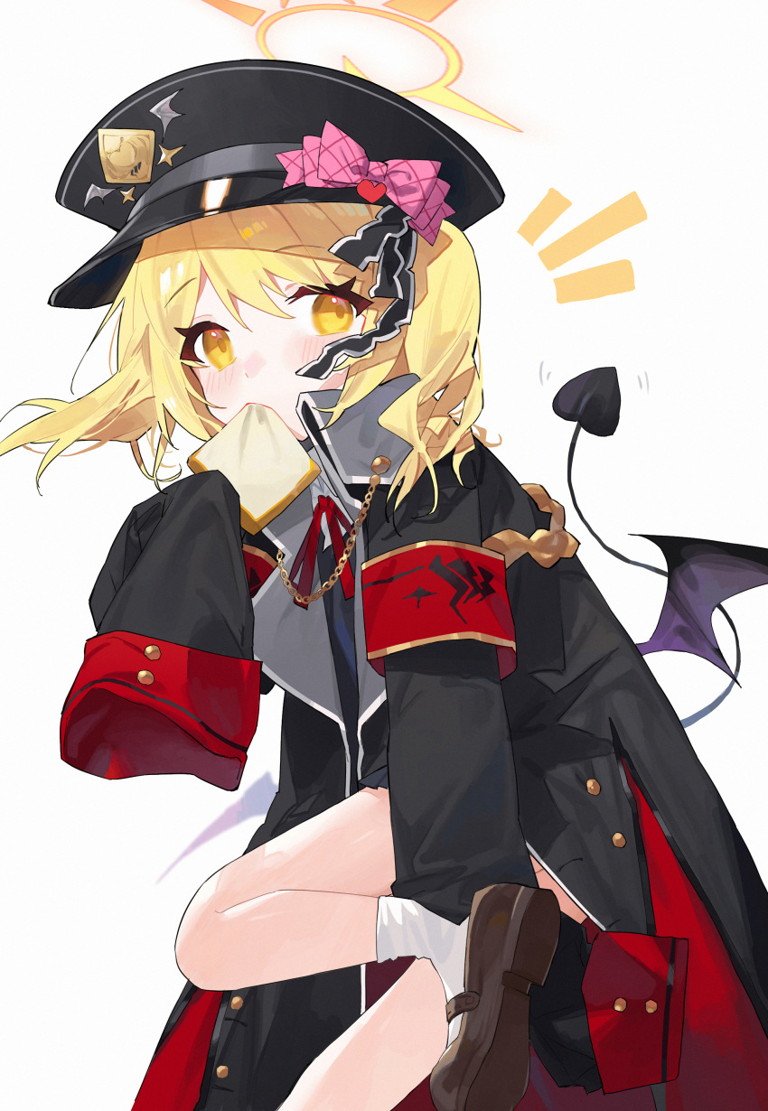 1girl absurdres adjusting_footwear black_coat blonde_hair blue_archive blush bow bread brown_footwear child coat commentary demon_girl demon_tail demon_wings female_child food food_in_mouth foot_up halo hat hat_bow highres ibuki_(blue_archive) long_sleeves looking_at_viewer mary_janes measho military_hat mouth_hold neck_ribbon notice_lines peaked_cap pink_bow red_armband red_ribbon ribbon shoes short_hair simple_background sleeves_past_fingers sleeves_past_wrists socks solo tail white_background white_socks wings yellow_eyes yellow_halo