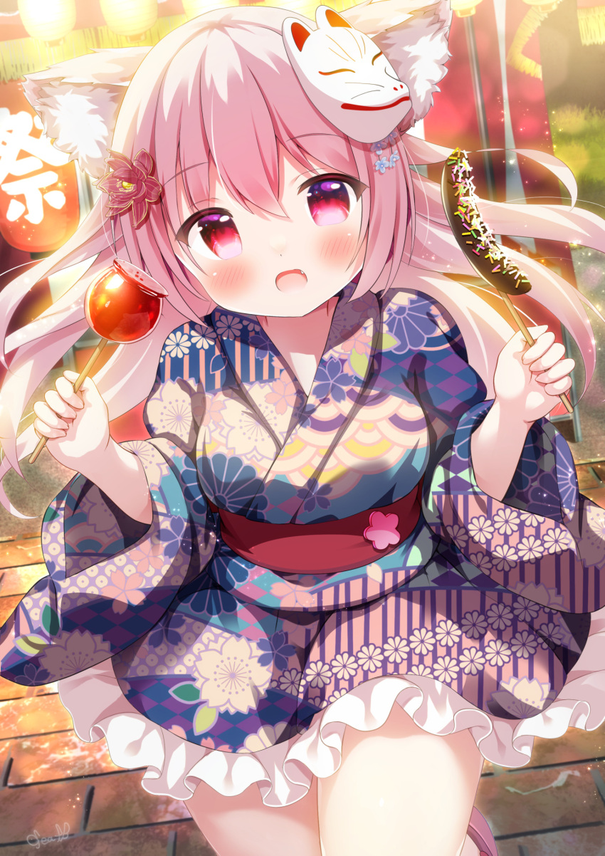 1girl animal_ears blush candy_apple cat_ears chocolate_banana commentary_request cowboy_shot fang floral_print floral_print_kimono food fox_mask frills hair_between_eyes hair_ornament hands_up highres holding holding_food japanese_clothes kimono kotoriifu long_sleeves looking_at_viewer mask mask_on_head original outdoors pink_eyes pink_hair sash solo summer_festival thighs wide_sleeves yukata