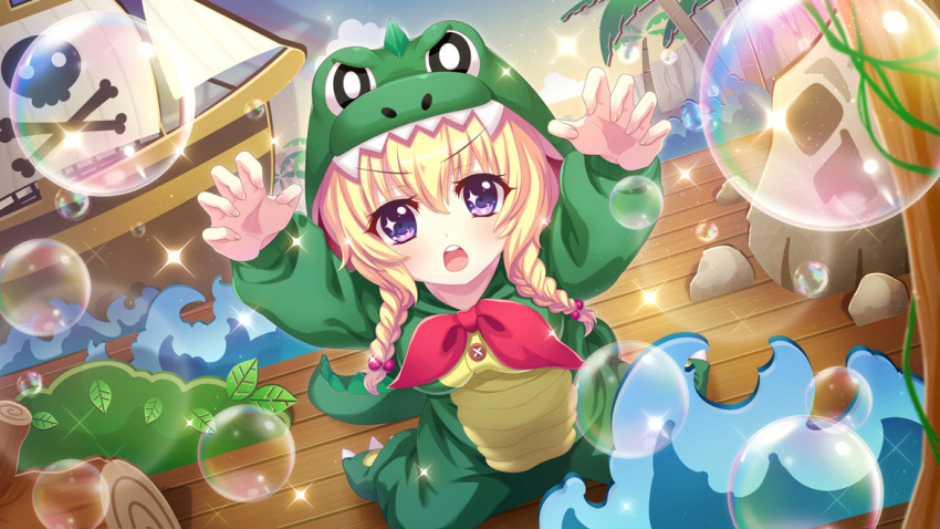 1girl alligator_costume arms_up blonde_hair bow braid breasts bubble bush cardboard_cutout claw_pose cloud dot_nose dutch_angle film_grain game_cg hasegawa_mii izumi_tsubasu jolly_roger lens_flare log long_sleeves non-web_source official_art open_mouth palm_tree peter_pan pirate_ship plant purple_eyes re:stage! red_bow rock sitting small_breasts solo sparkle sparkling_eyes stage teeth tree twin_braids upper_teeth_only vines wariza waves wooden_floor