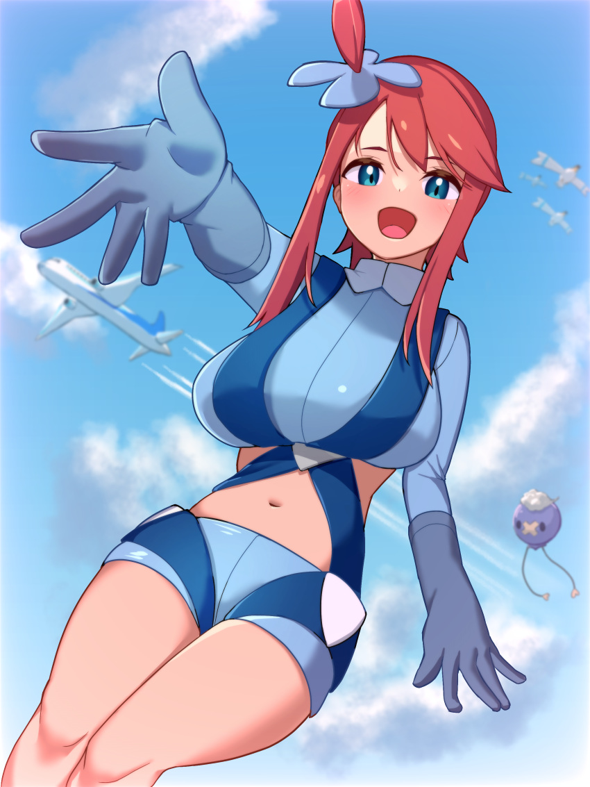 1girl :d absurdres aircraft airplane blue_gloves blue_jacket blue_shorts blush breasts cloud commentary_request cropped_jacket dadada_(hukutsu_bot_) day drifloon gloves green_eyes hair_ornament highres jacket knees looking_at_viewer navel one_side_up open_mouth outdoors pokemon pokemon_(creature) pokemon_(game) pokemon_bw red_hair short_hair_with_long_locks short_shorts shorts sidelocks sky skyla_(pokemon) smile spread_fingers tongue turtleneck wingull