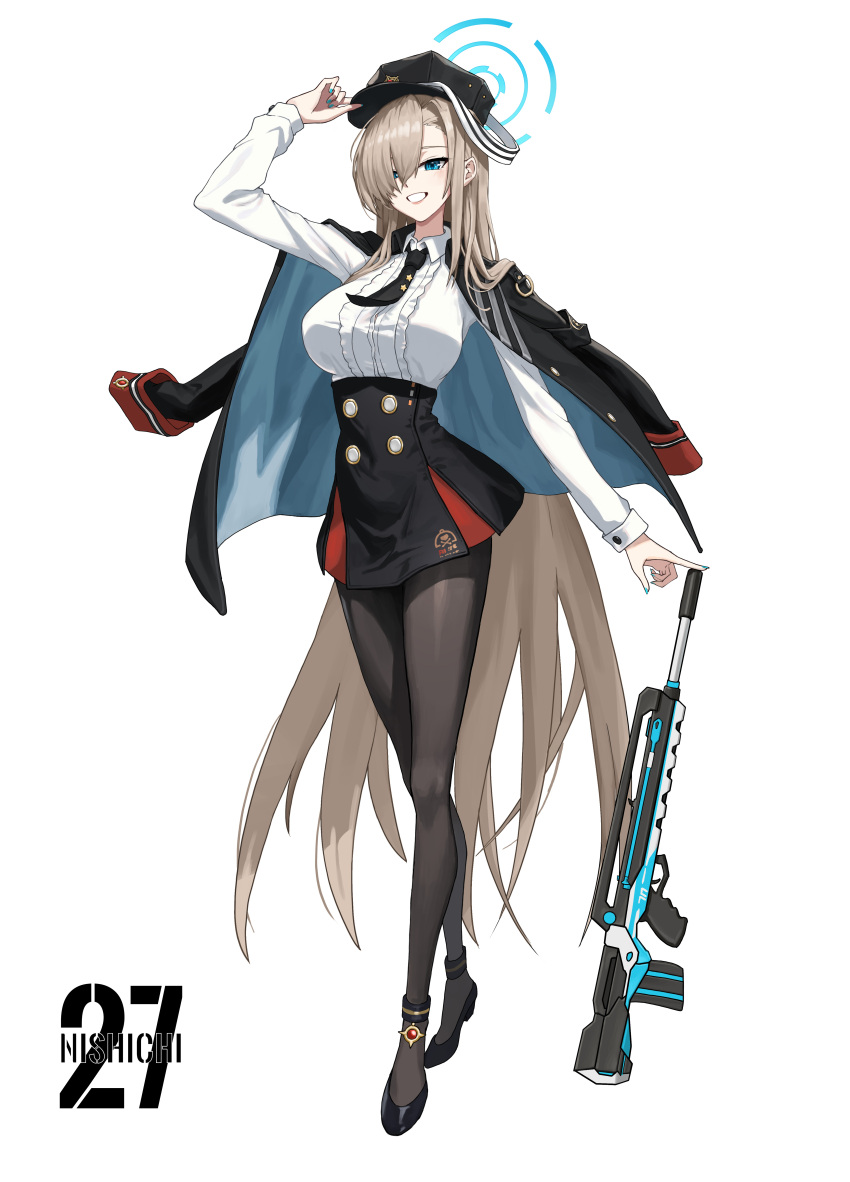 1girl absurdres artist_name assault_rifle asuna_(blue_archive) black_footwear black_headwear black_jacket black_necktie black_pantyhose black_skirt blue_archive blue_eyes blue_halo breasts bullpup commentary_request cosplay famas full_body grin gun hair_over_one_eye halo hand_up haruna_(blue_archive) haruna_(blue_archive)_(cosplay) hat hat_tug high-waist_skirt high_heels highres jacket jacket_on_shoulders large_breasts light_brown_hair long_hair long_sleeves necktie nishichi pantyhose peaked_cap rifle shirt simple_background skirt smile solo standing two-sided_fabric two-sided_jacket very_long_hair weapon white_background white_shirt