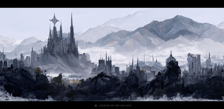 2girls amenohi architecture black_hair black_robe building chinese_commentary commentary copyright_name highres hiking holding_hands hooded_robe letterboxed logo mountain mountainous_horizon multiple_girls original pink_hair print_robe robe scenery snow white_robe