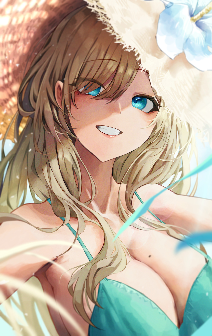 1girl absurdres asuna_(blue_archive) bikini blue_archive blue_bikini blue_eyes breasts cleavage flower_in_hat hach_190 hair_over_one_eye halo hat highres large_breasts long_hair looking_at_viewer mole mole_on_breast smile solo sun_hat swimsuit