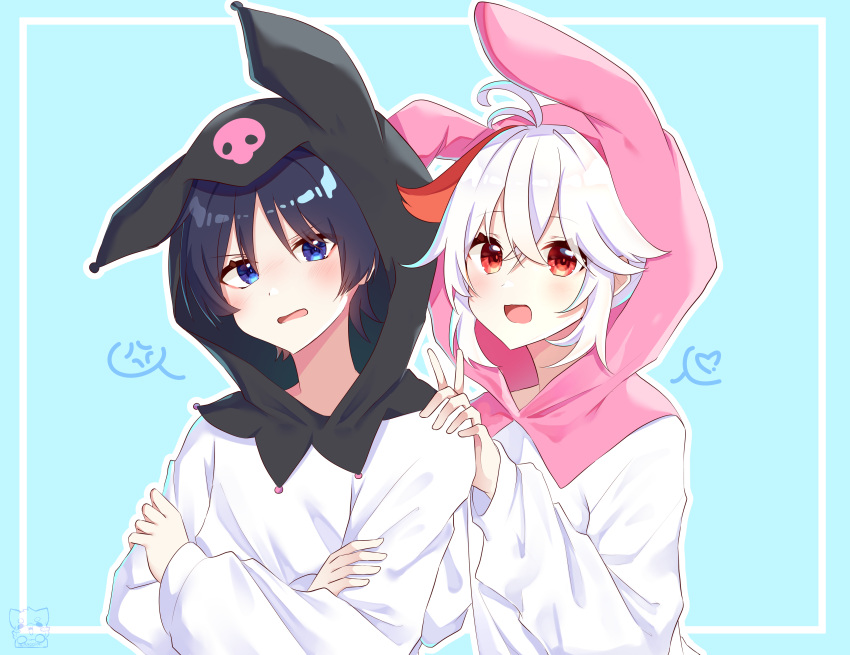 2boys absurdres alternate_costume animal_hood black_hair black_hood blue_eyes child cosplay crossed_arms genshin_impact highres hood hood_up kaedehara_kazuha kuromi kuromi_(cosplay) kyooami long_sleeves male_focus multicolored_hair multiple_boys my_melody onegai_my_melody open_mouth pink_hood rabbit_hood red_hair sanrio scaramouche_(genshin_impact) short_hair v white_hair