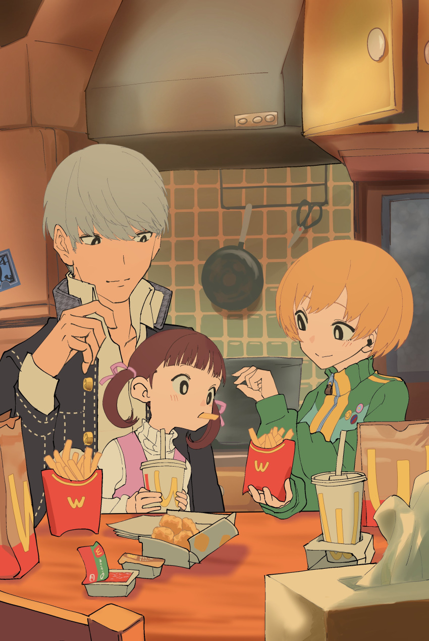 1boy 2girls absurdres black_eyes black_jacket blush brown_hair child closed_mouth commentary_request cup disposable_cup doujima_nanako dress food french_fries green_jacket grey_hair highres holding holding_cup indoors jacket kurosususu long_sleeves mcdonald's mouth_hold multiple_girls narukami_yuu open_clothes open_jacket orange_hair parody persona persona_4 pink_dress shirt short_hair sitting sitting_on_person sleeves_past_wrists smile sweater table track_jacket turtleneck turtleneck_sweater twintails white_shirt white_sweater yoru_mac