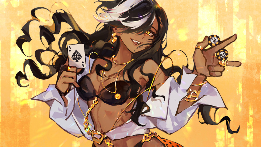 1girl :d ace_(playing_card) ace_of_spades bare_shoulders bikini black_bikini black_hair bracelet breasts card centurion_(reverse:1999) cleavage commabear curly_hair dark-skinned_female dark_skin earrings floating_hair gold_necklace hair_over_one_eye hands_up highres holding holding_card jewelry looking_at_viewer medium_breasts multicolored_hair necklace off_shoulder one_eye_covered open_clothes open_shirt playing_card poker_chip reverse:1999 ring shirt smile solo spade_(shape) strapless strapless_bikini streaked_hair swept_bangs swimsuit teeth upper_body upper_teeth_only white_hair white_shirt yellow_background yellow_eyes