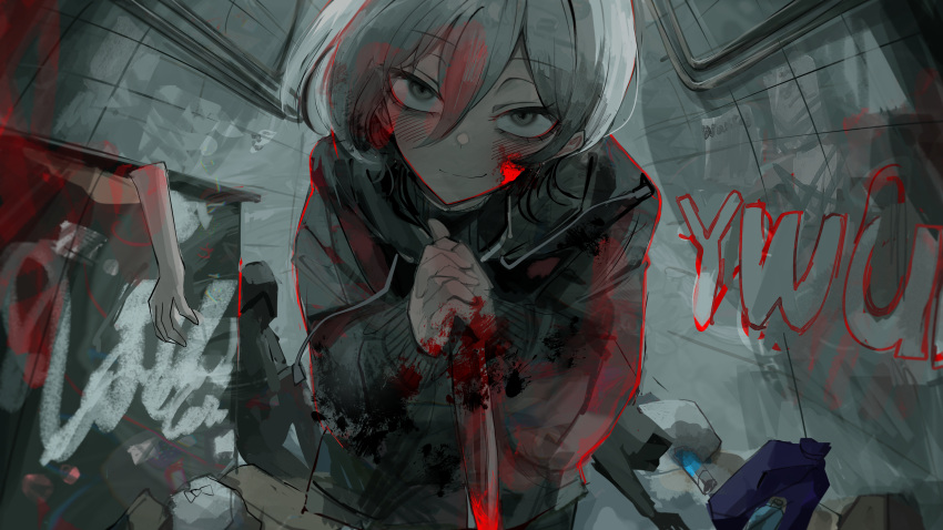 1girl black_jacket blood blood_on_clothes blood_on_face blood_on_hands blood_on_knife commission corpse dismemberment dumpster graffiti grey_eyes hair_between_eyes highres holding holding_knife jacket knife looking_at_viewer original own_hands_together rin_(rin7kan7) skeb_commission standing trash_bag white_hair yandere
