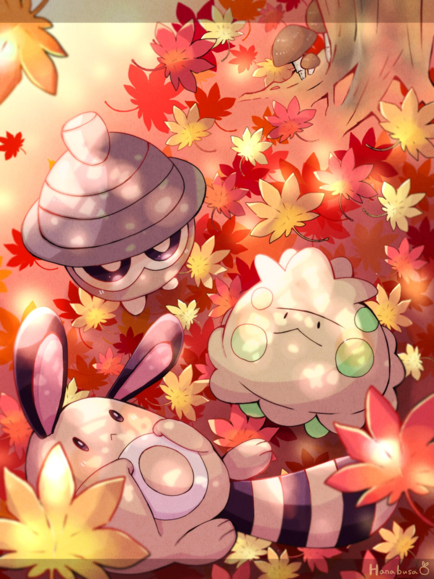 animal_focus autumn_leaves black_fur brown_fur colored_skin commentary_request green_skin hanabusaoekaki highres letterboxed lying mushroom no_humans on_back pokemon pokemon_(creature) seedot sentret shroomish solid_oval_eyes tail tree two-tone_fur