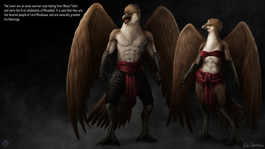 abs accipitrid accipitriform anthro artist_name avian beak bird black_background black_body black_clothing black_scales black_scutes bottomwear bra brown_body brown_feathers cal_santiago clothing duo feathered_crest feathers female head_crest hi_res loincloth male muscular muscular_female muscular_male official_art open_mouth pants red_clothing scales scuted_arms scuted_legs scutes signature simple_background skies_of_minasbad tail text tribal underwear white_body white_feathers white_underside wings yellow_eyes